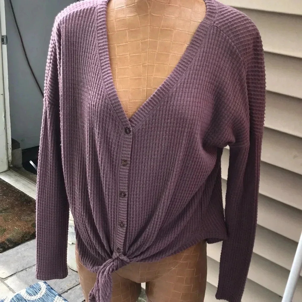 Universal Thread Purple Waffle Knit Tie Front Button Cardigan Top